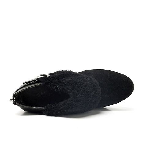BASTO/百思图 及踝靴秋季黑羊绒皮/黑毛绒布/黑羊皮女皮鞋TQU21CM2优质绒毛