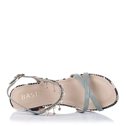 BASTO/百思图夏季专柜同款 女士青绿油蜡羊皮女皮凉鞋TWA08BL3