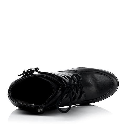 BASTO/百思图冬季黑色小牛皮女皮靴TZA46DD3粗高跟休闲短靴