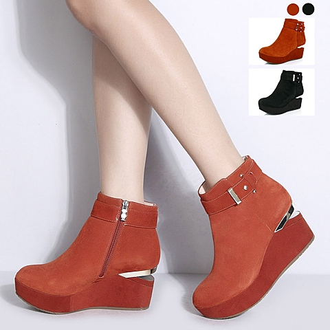BASTO/百思图冬季专柜同款 女士暗红羊绒皮女皮靴TND41DD3
