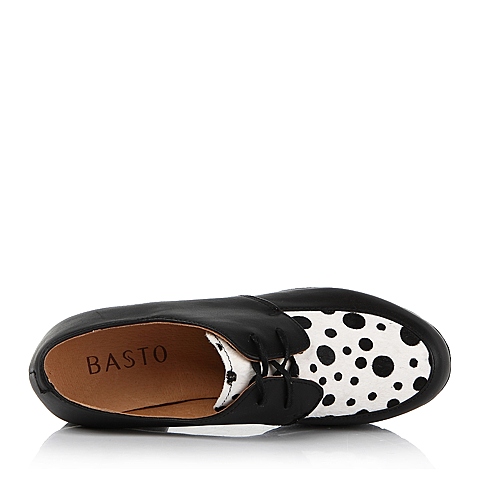 BASTO/百思图春季专柜同款 女士黑色小牛皮/黑白马毛女皮鞋TMZ22AM4