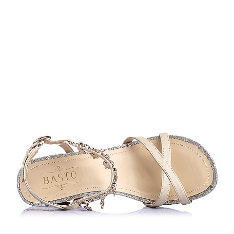 BASTO/百思图夏季专柜同款米色羊皮坡跟女凉鞋TWA13BL5