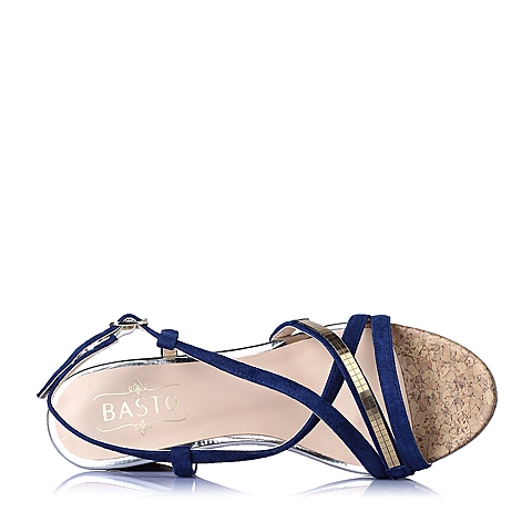 BASTO/百思图夏季专柜同款兰色羊绒皮坡跟罗马女凉鞋TBZ17BL5