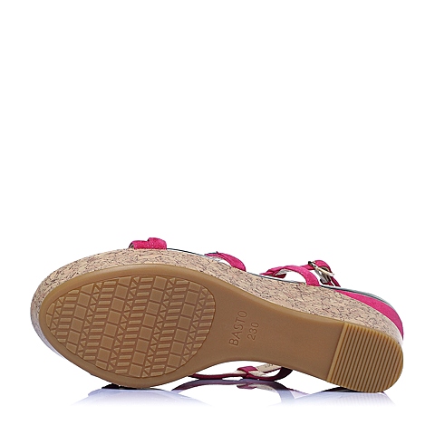 BASTO/百思图夏季专柜同款桃红色羊绒皮坡跟罗马女凉鞋TBZ17BL5