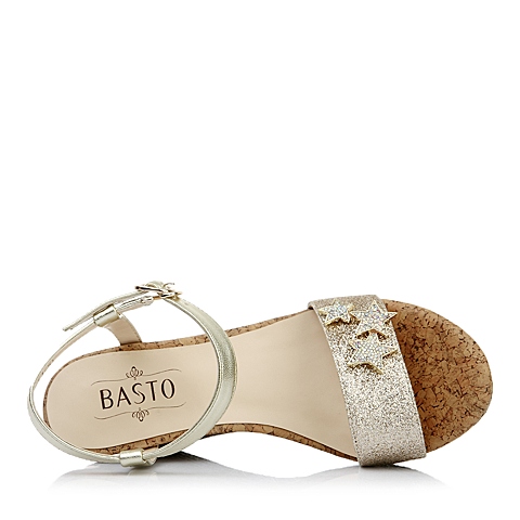 BASTO/百思图年夏季金色亮片布闪钻坡跟女凉鞋B1185BL5