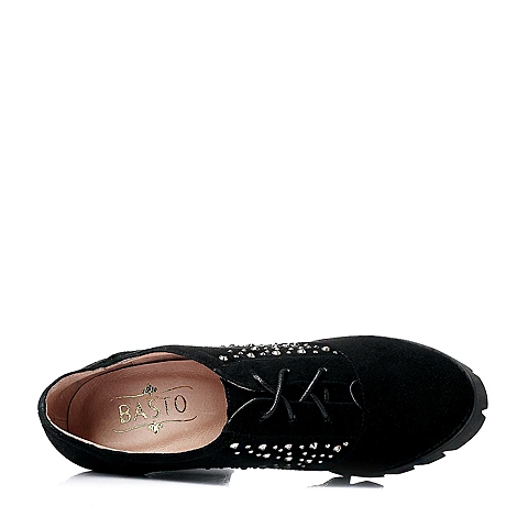 BASTO/百思图秋季黑色羊皮粗跟女鞋HBS06CM5