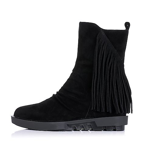 BASTO/百思图冬季专柜同款黑色羊绒皮女靴TZ660DZ5