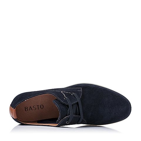 BASTO/百思图夏季专柜同款深蓝色牛皮休闲方跟男单鞋ANN02BM5