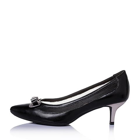 BASTO/百思图春季专柜同款黑色羊皮淑女优雅细中跟女单鞋TSF24AQ6