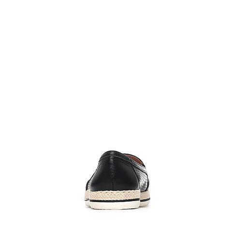BASTO/百思图春季专柜同款黑色牛皮时尚透气镂空舒适平跟圆头女休闲鞋16A49AQ6