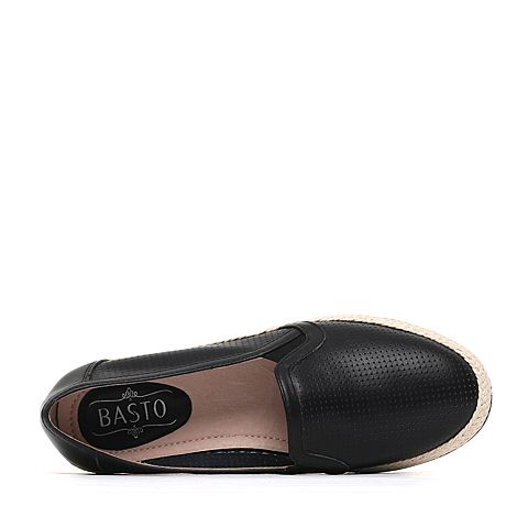 BASTO/百思图春季专柜同款黑色牛皮时尚透气镂空舒适平跟圆头女休闲鞋16A49AQ6