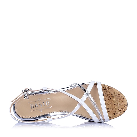 BASTO/百思图夏季专柜同款白色漆皮牛皮坡跟女凉鞋TF609BL6
