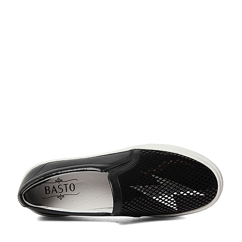 BASTO/百思图春季专柜同款黑色牛皮革/剖层牛皮革女休闲鞋YAX02AM6