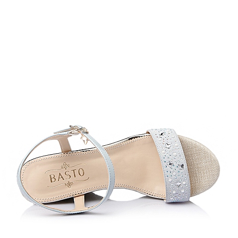 BASTO/百思图夏季兰色羊绒皮坡跟一字扣带女凉鞋TG503BL6