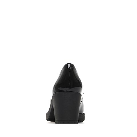 BASTO/百思图春季专柜同款黑色牛皮漆皮蝴蝶结舒适粗跟浅口女单鞋TIF34AQ6