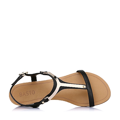 BASTO/百思图夏季黑色羊皮革女皮凉鞋88A10BL6