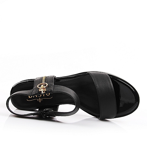 BASTO/百思图夏季专柜同款黑色牛皮坡跟露趾女凉鞋TST01BL6 专柜2