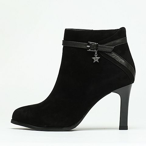 BASTO/百思图冬季专柜同款黑色羊绒女皮靴TM340DD6