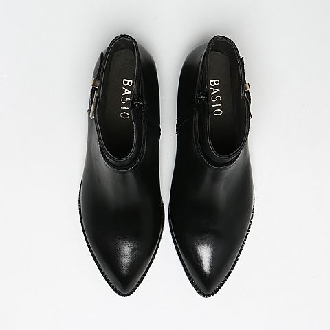 BASTO/百思图冬季专柜同款黑色油蜡牛皮女短靴TYU43DD6