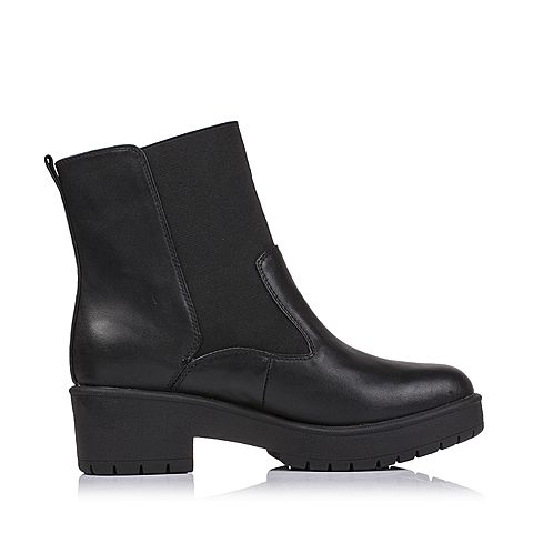 BASTO/百思图冬季专柜同款黑色牛皮/橡筋女皮靴16D83DD6