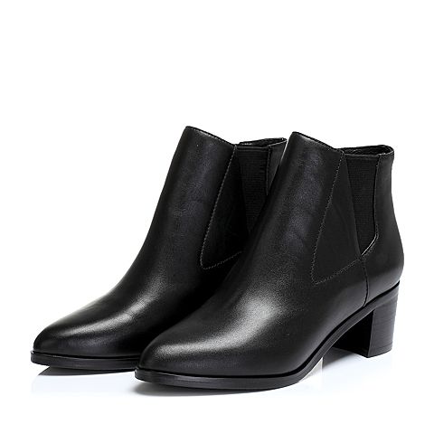 BASTO/百思图冬季专柜同款黑色牛皮/橡筋女皮靴16D91DD6