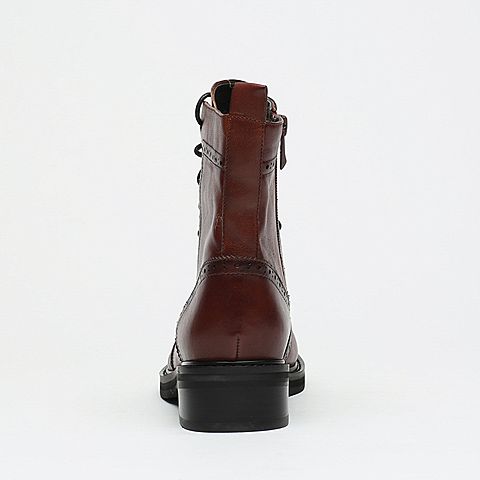 BASTO/百思图冬季专柜同款棕色羊皮文艺复古系带方跟女皮靴马丁靴TYN41DD6