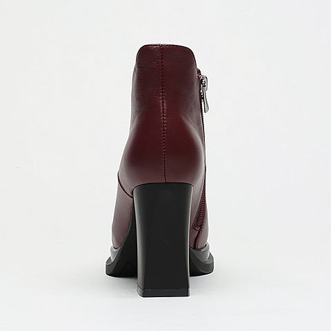 BASTO/百思图冬季专柜同款深红牛皮休闲粗高跟女皮靴16D40DD6