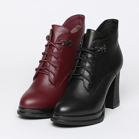 BASTO/百思图冬季专柜同款深红牛皮休闲粗高跟女皮靴16D40DD6