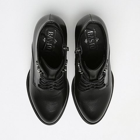 BASTO/百思图冬季专柜同款黑色牛皮休闲粗高跟女皮靴16D40DD6