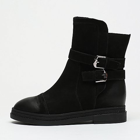 BASTO/百思图冬季专柜同款浅黑色牛皮休闲方跟女皮靴（绒里）TYQ61DZ6
