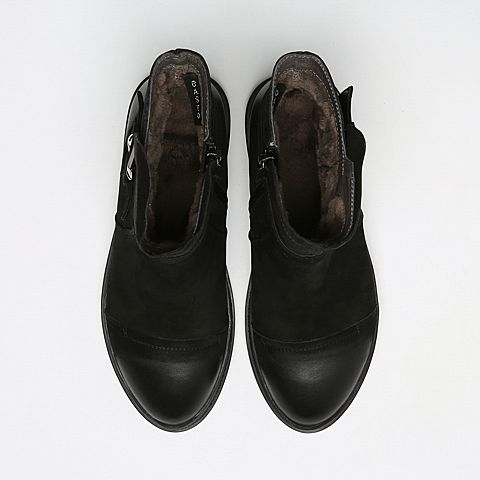 BASTO/百思图冬季专柜同款浅黑色牛皮休闲方跟女皮靴（绒里）TYQ61DZ6