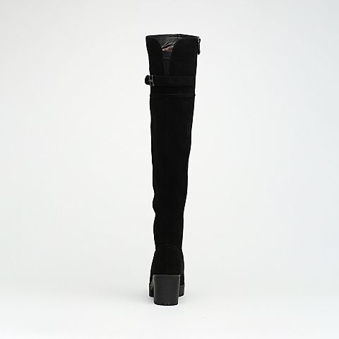 BASTO/百思图冬季专柜同款黑色牛剖层皮革过膝长靴高跟女皮靴（半绒半毛）16D71DC6