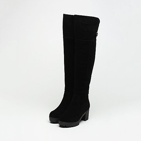 BASTO/百思图冬季专柜同款黑色牛剖层皮革过膝长靴高跟女皮靴（半绒半毛）16D71DC6