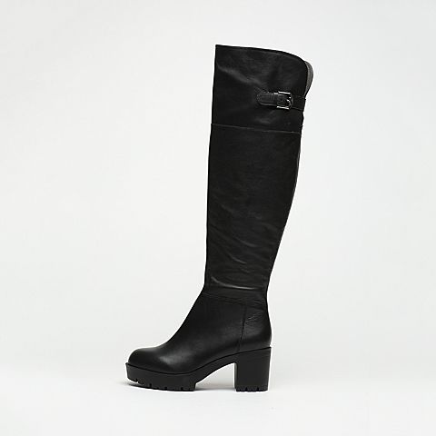 BASTO/百思图冬季专柜同款黑色牛皮粗高跟女皮靴长靴DTZX8DC6