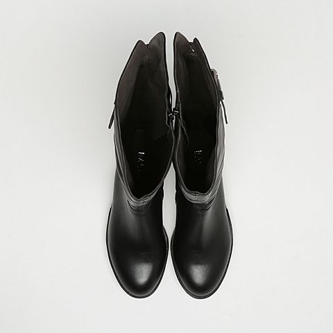 BASTO/百思图冬季专柜同款黑色牛皮粗高跟女皮靴长靴DTZX8DC6