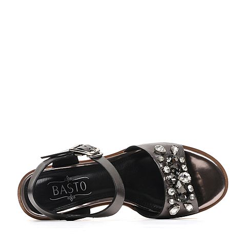 BASTO/百思图夏季专柜同款灰色牛皮时尚粗高跟女凉鞋16B14BL6