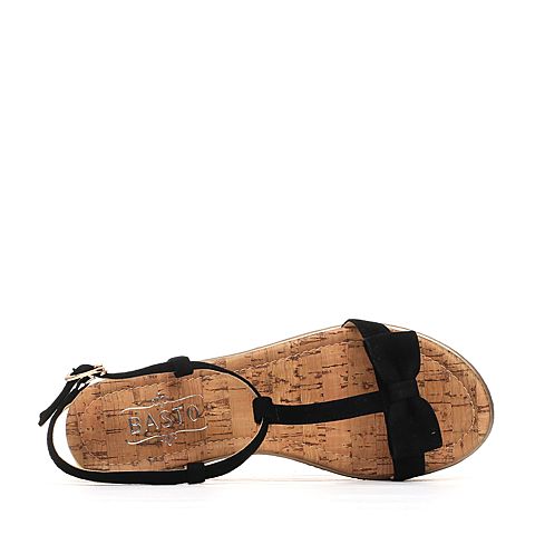 BASTO/百思图夏季专柜同款黑色羊皮时尚简约坡跟女凉鞋TG206BL6