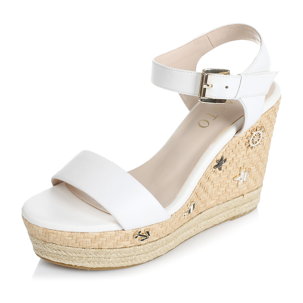 BASTO/百思图夏季专柜同款白色牛皮时尚坡跟女凉鞋TTP04BL6