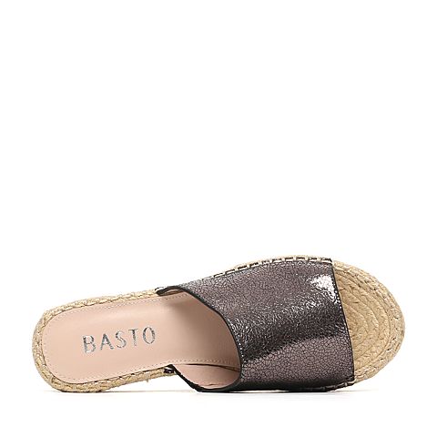 BASTO/百思图夏季专柜同款灰色羊皮简约时尚坡跟女鞋TUC06BT6