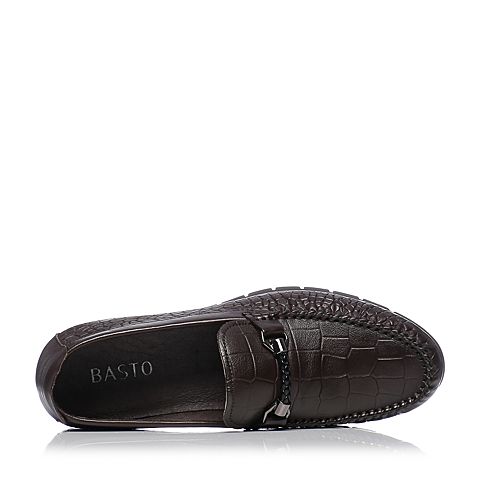 BASTO/百思图春季专柜同款棕色牛皮革商务休闲平跟男皮鞋15N05AM6