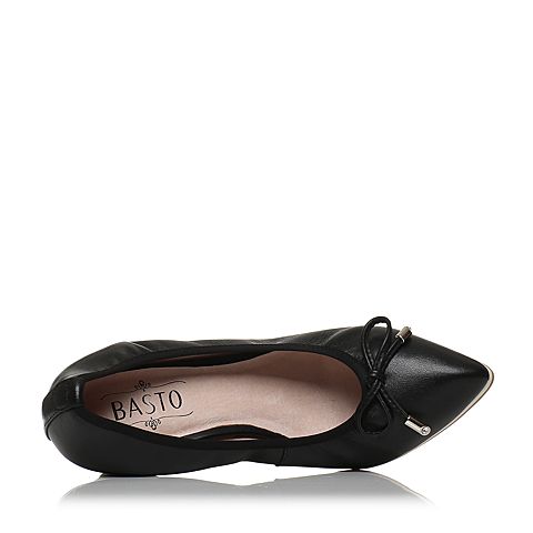 BASTO/百思图春季专柜同款黑色羊皮蝴蝶结浅口坡跟女单鞋16A31AQ6
