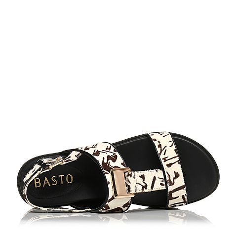BASTO/百思图夏季专柜同款黑色牛毛/PU休闲坡跟女皮凉鞋TTT03BL6