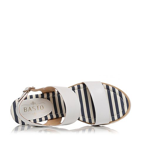 BASTO/百思图夏季专柜同款白色羊皮条纹休闲坡跟女皮凉鞋TVQ04BL6