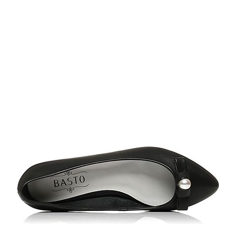 BASTO/百思图秋季专柜同款黑色羊皮珍珠蝴蝶结浅口女单鞋TS920CQ6