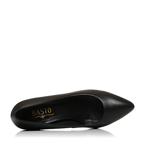 BASTO/百思图秋季专柜同款黑色牛皮简约通勤浅口细高跟女单鞋16C68CQ6