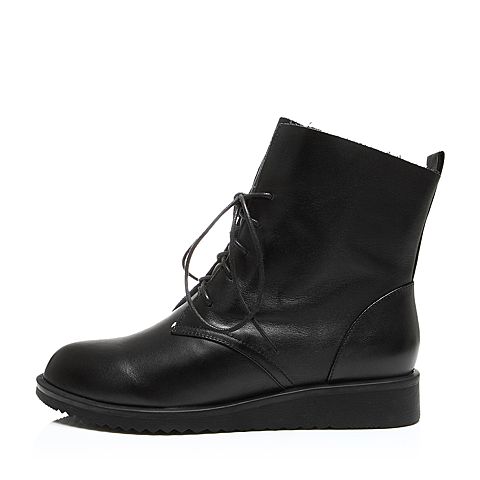BASTO/百思图冬季专柜同款黑色牛皮系带休闲纯色女靴短靴（毛里）16D34DD6