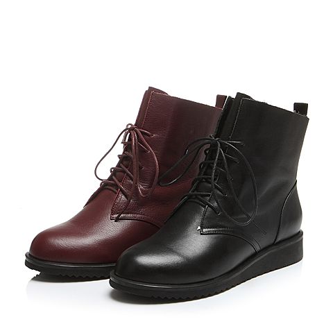 BASTO/百思图冬季专柜同款黑色牛皮系带休闲纯色女靴短靴（毛里）16D34DD6