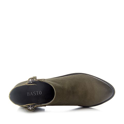 BASTO/百思图秋季专柜同款绿色牛皮侧拉链女皮靴短靴16C72CD6