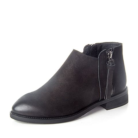 BASTO/百思图秋季专柜同款黑色牛皮侧拉链女皮靴短靴16C72CD6