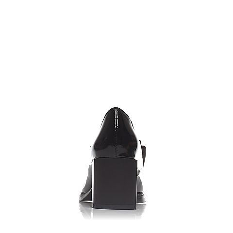 BASTO/百思图春季专柜同款黑色牛皮蝴蝶结舒适粗高跟尖头女单鞋TXD25AQ7